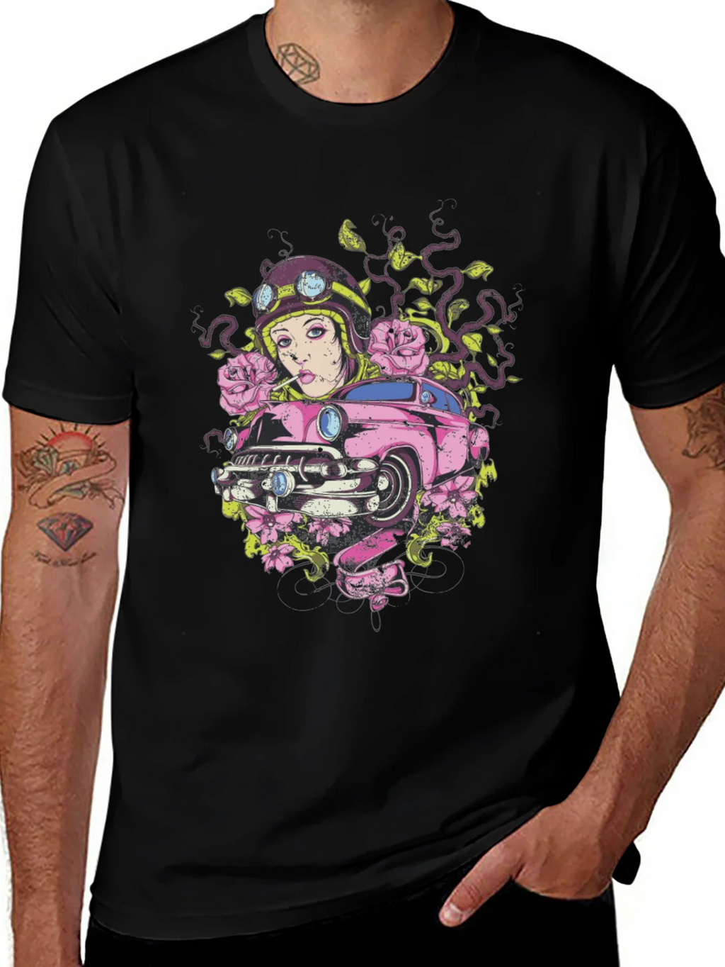 Vintage Car Girl Graphic Tee - Cool Black T-Shirt product image 1
