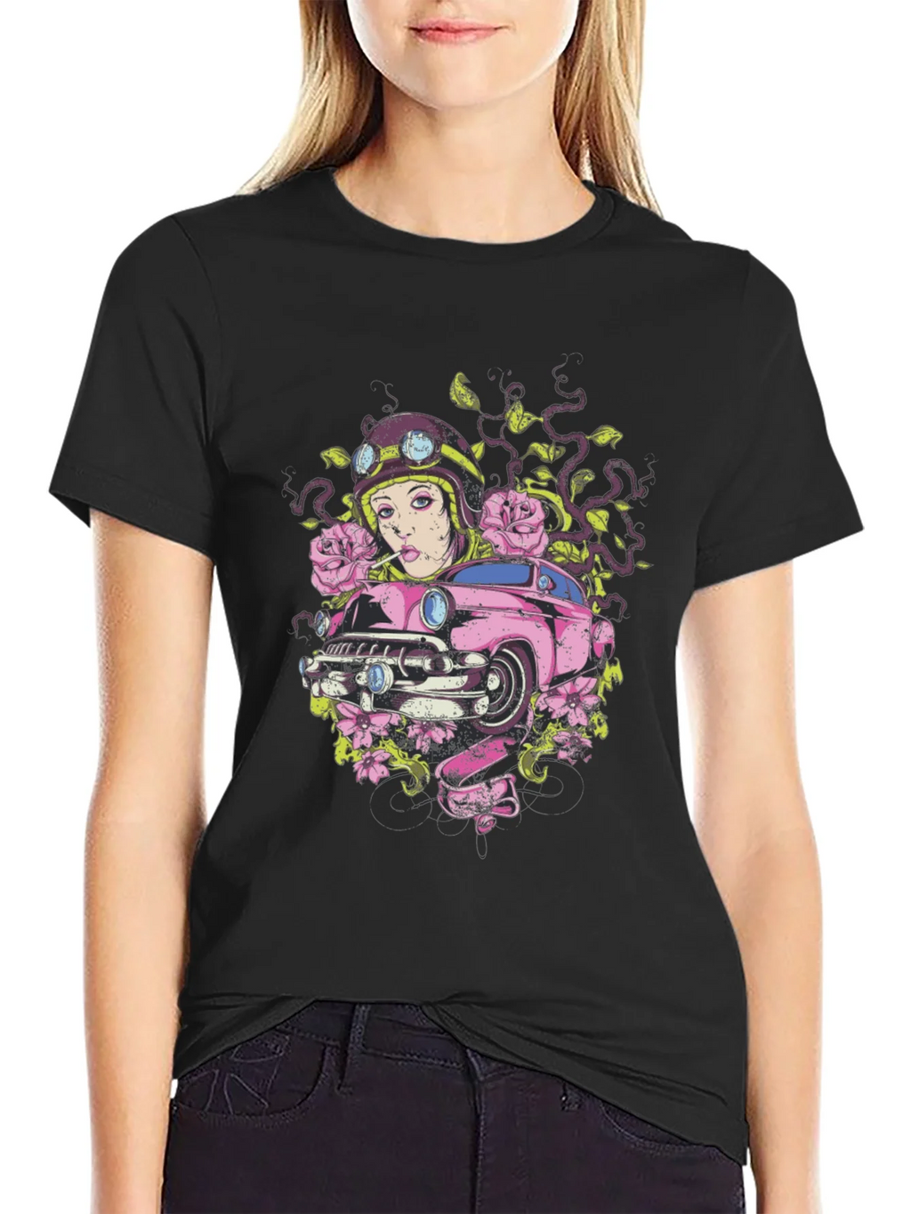 Vintage Car Girl Graphic Tee - Cool Black T-Shirt product image 5