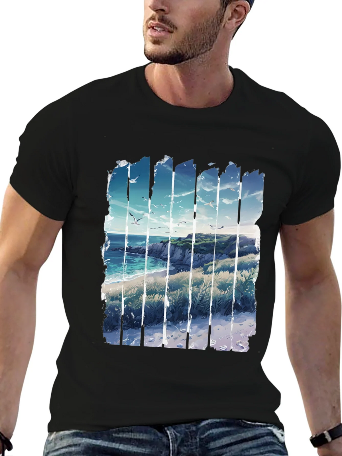 Coastal Vista Graphic Tee - Black Cotton T-Shirt product image 9