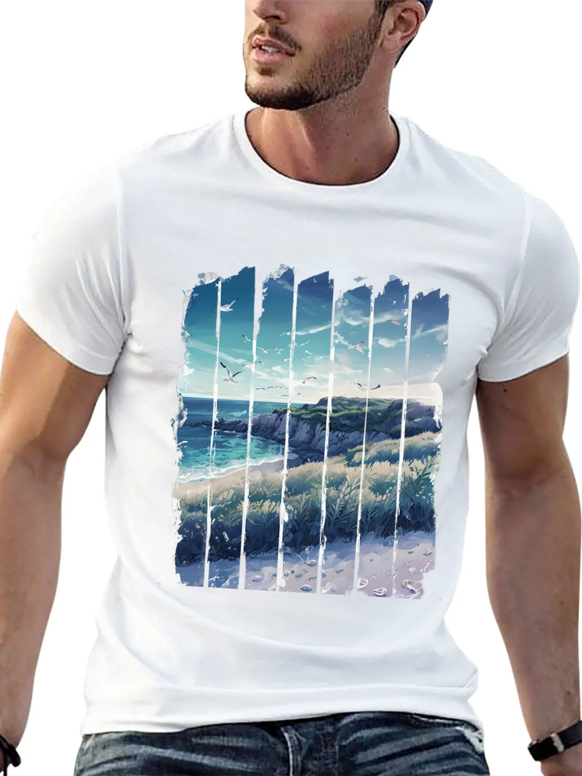 Coastal Vista Graphic Tee - Black Cotton T-Shirt product image 4