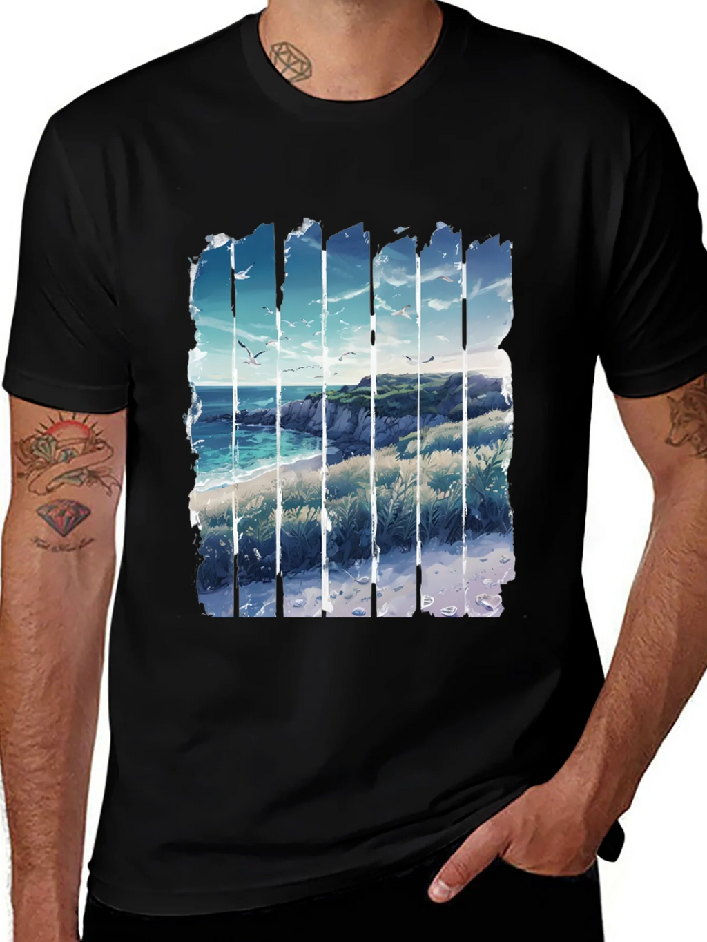 Coastal Vista Graphic Tee - Black Cotton T-Shirt product image 1