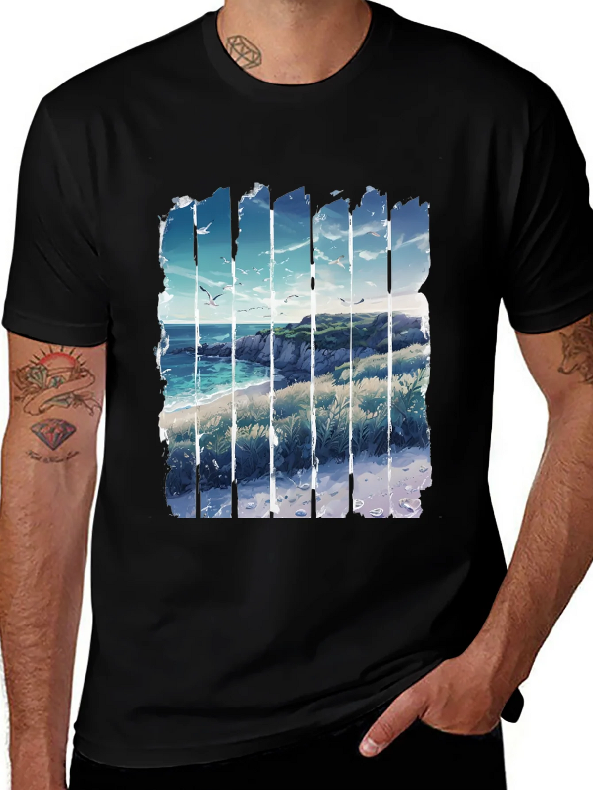 Coastal Vista Graphic Tee - Black Cotton T-Shirt product image 1