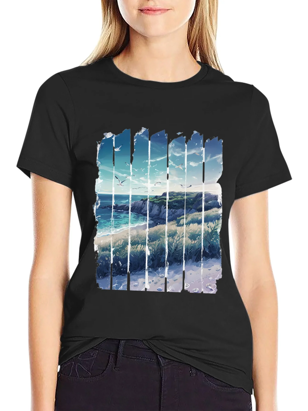 Coastal Vista Graphic Tee - Black Cotton T-Shirt product image 5