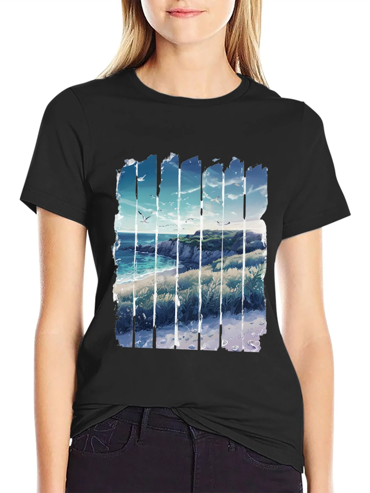 Coastal Vista Graphic Tee - Black Cotton T-Shirt product image 5