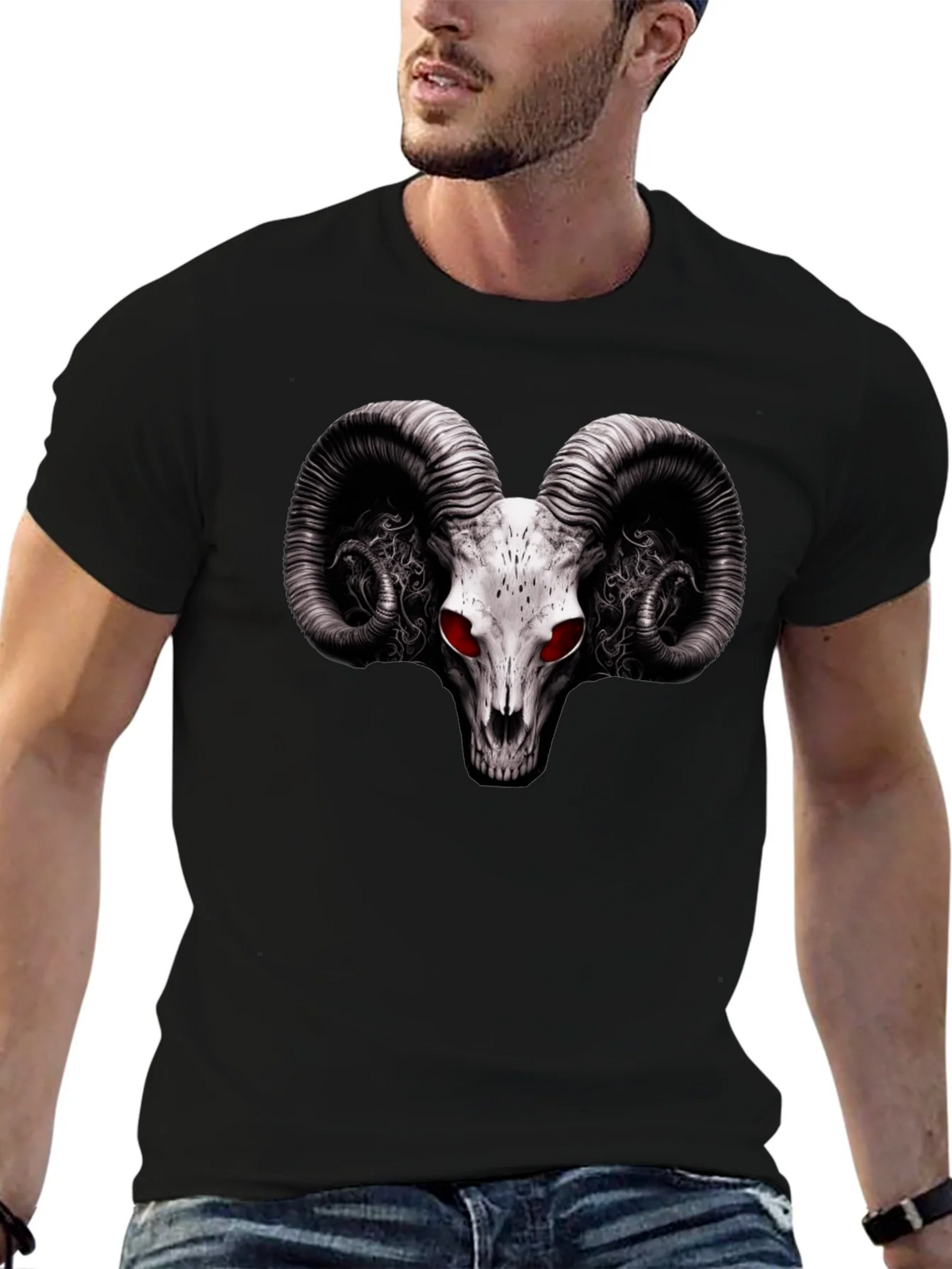 Ram Skull Graphic T-Shirt - Red Eye Black Tee product image 9
